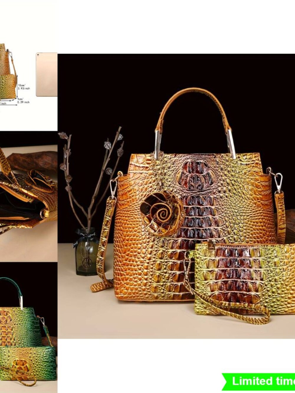 Set of 2 Handbags Crocodile Pattern Retro Design Top Handle Crossbody Clutch